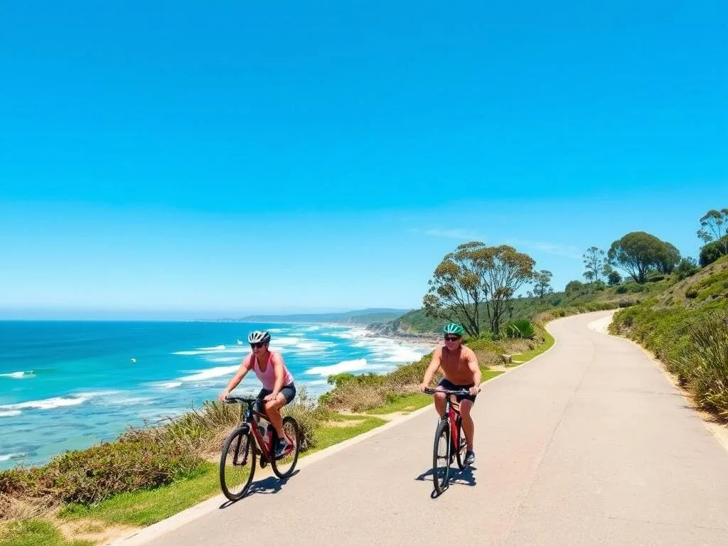 Cyclists riding along Byron Bay's coastal path during spring, one of the best months to visit Byron Bay