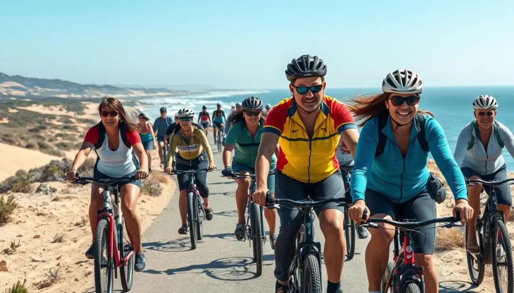 Cyclists riding along the coastal bike path near Mandalay State Beach with ocean views