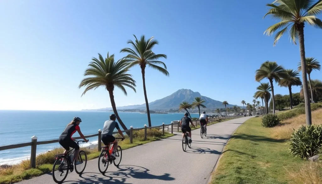 Cyclists riding along the coastal path at Mount Maunganui