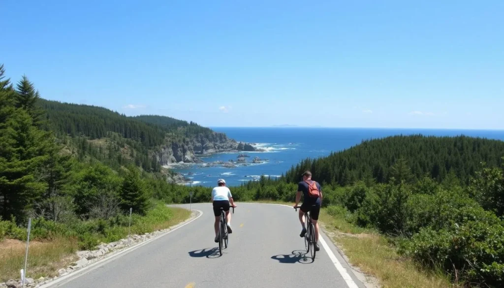 Cyclists riding along the coastal road on Chebeague Island with ocean views