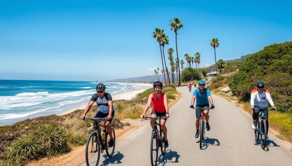 Cyclists riding along the coastal trail near Refugio State Beach with ocean views