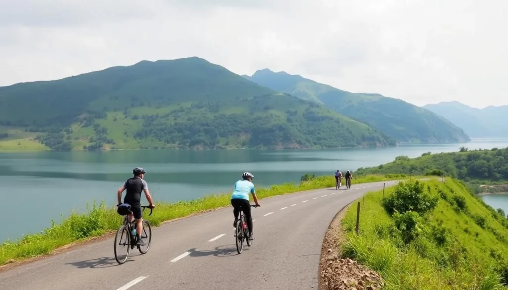 Cyclists riding along the scenic road that circles Lake Singkarak Cyclists riding along the scenic road that circles Lake Singkarak