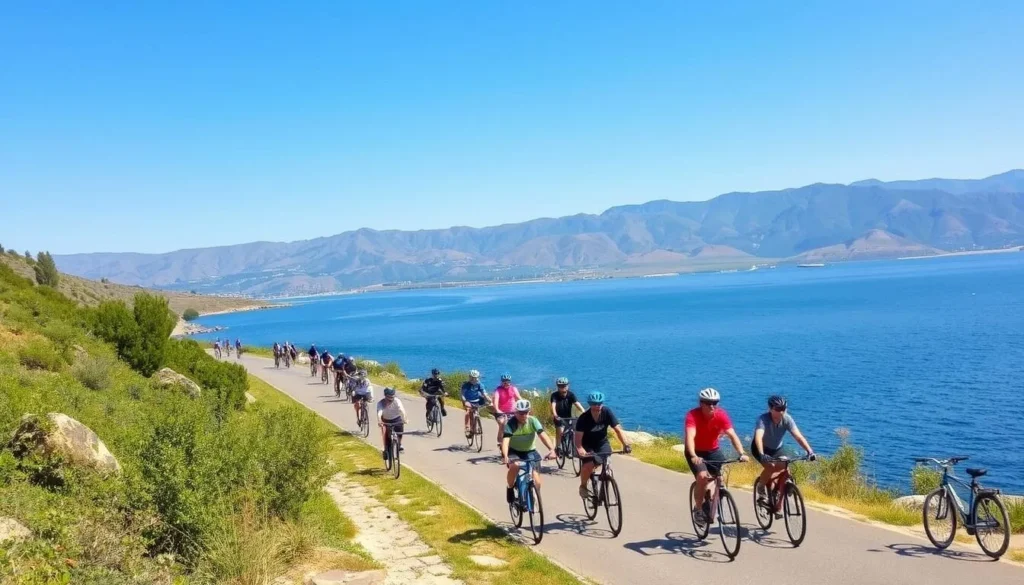 Cyclists riding along the shore of the Sea of Galilee with mountains in the background Cyclists riding along the shore of the Sea of Galilee with mountains in the background