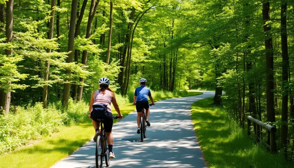Cyclists riding on the Great Allegheny Passage trail through Laurel Highlands with forest scenery