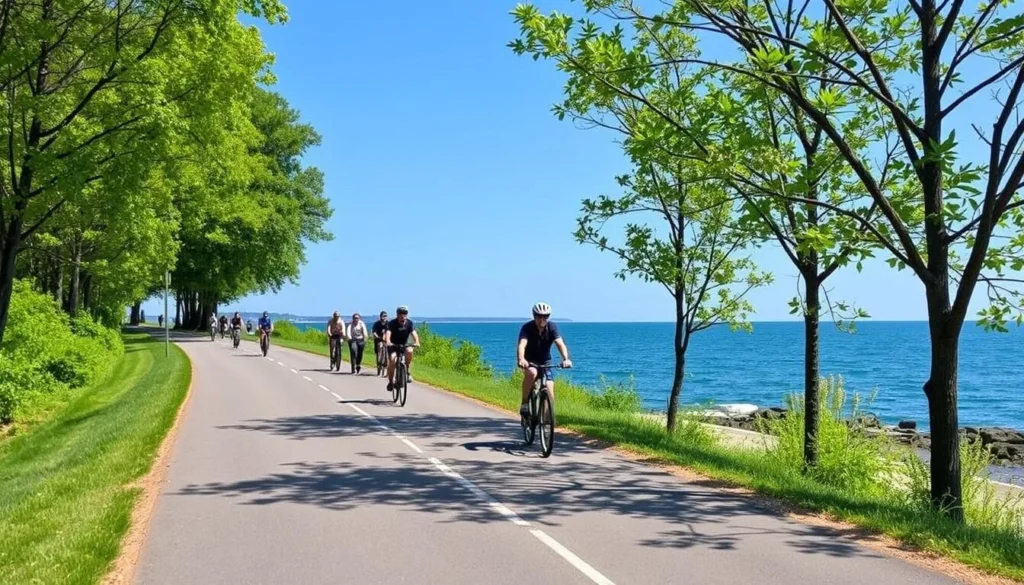Cyclists riding on the Karl Boyes Multi-Purpose Trail at Presque Isle State Park with Lake Erie in the background