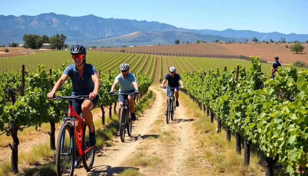 Cyclists riding through vineyards in Mendoza wine country - Mendoza Argentina things to do