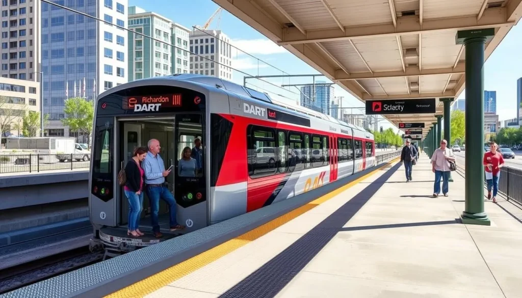 DART light rail train at a Richardson station with passengers boarding