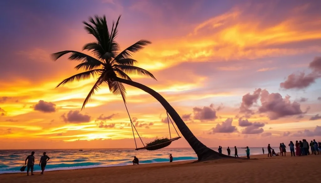 Dalawella Beach in Unawatuna with its famous palm tree swing at sunset