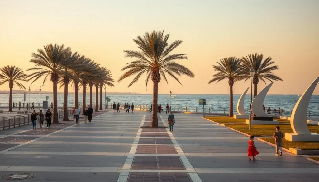 Dammam Corniche waterfront promenade with palm trees and Arabian Gulf views Dammam Corniche waterfront promenade with palm trees and Arabian Gulf views