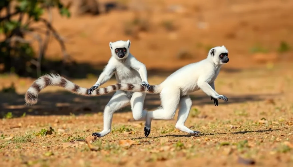 Dancing Verreaux's sifaka lemurs at Berenty Reserve near Amboasary, Madagascar Dancing Verreaux's sifaka lemurs at Berenty Reserve near Amboasary, Madagascar