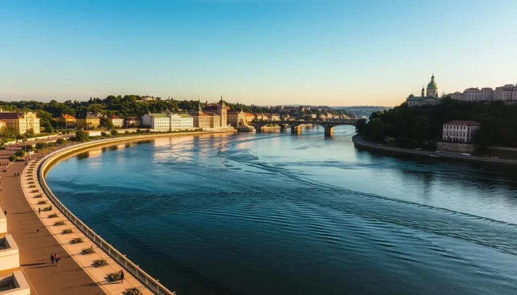 Danube River winding through the picturesque city of Dunaújváros, Hungary. Capture the serene flow of the water, reflecting the clear sky and lush riverbanks. Showcase the historic buildings and modern architecture lining the shores, bathed in warm, golden sunlight. Include a vibrant, pedestrian-friendly promenade in the foreground, with people enjoying the tranquil riverside ambiance. Depict a clear, sunny day with soft, diffused lighting, creating a peaceful, postcard-worthy scene that showcases the best of Dunaújváros. Danube River winding through the picturesque city of Dunaújváros, Hungary. Capture the serene flow of the water, reflecting the clear sky and lush riverbanks. Showcase the historic buildings and modern architecture lining the shores, bathed in warm, golden sunlight. Include a vibrant, pedestrian-friendly promenade in the foreground, with people enjoying the tranquil riverside ambiance. Depict a clear, sunny day with soft, diffused lighting, creating a peaceful, postcard-worthy scene that showcases the best of Dunaújváros.