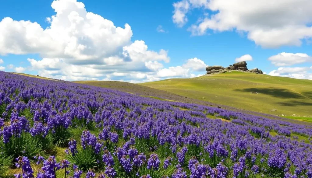 Dartmoor landscape in spring with blooming bluebells covering the hillside beneath granite tors Dartmoor landscape in spring with blooming bluebells covering the hillside beneath granite tors