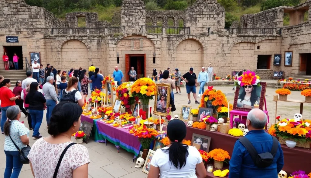 Day of the Dead celebration at Molino de Flores Nezahualcoyotl National Park with traditional decorations and altars