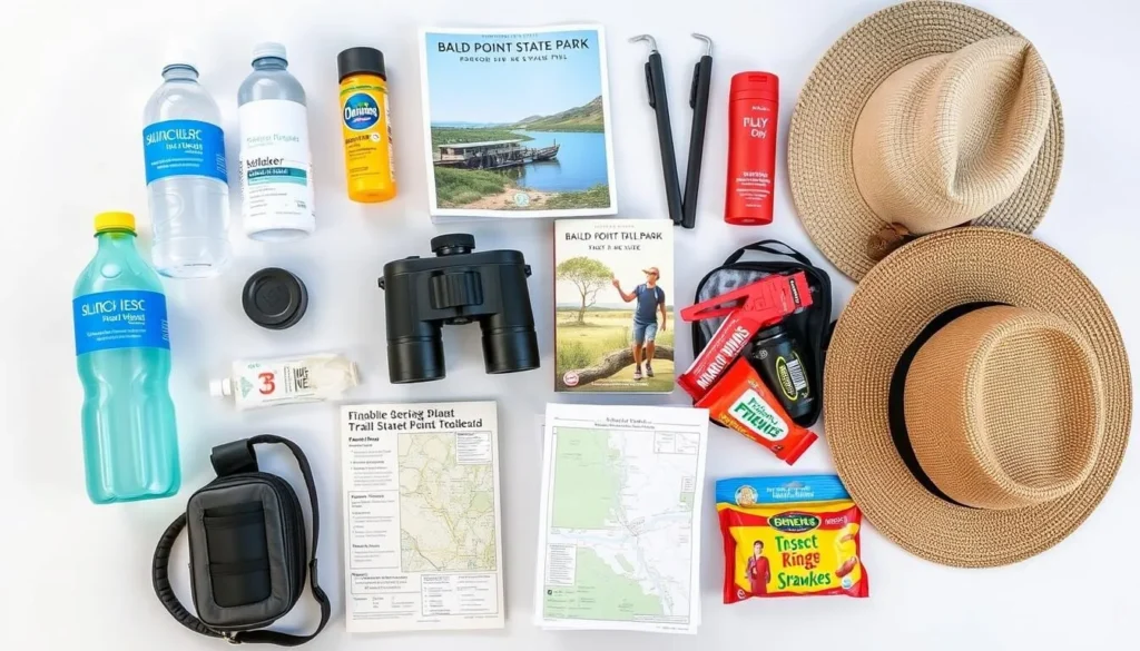 Day pack essentials for visiting Bald Point State Park Florida including water bottle and binoculars