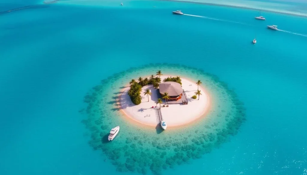 Day trip to Sandy Island from Maundays Bay showing pristine small cay with beach bar