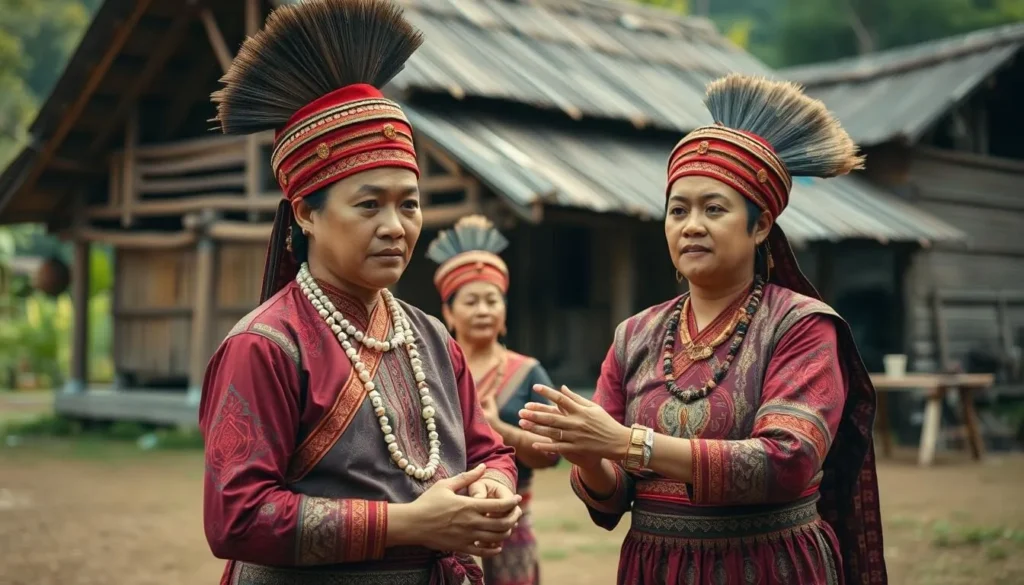 Dayak tribe members in traditional dress performing cultural ceremony in a village near Kayan Mentarang National Park