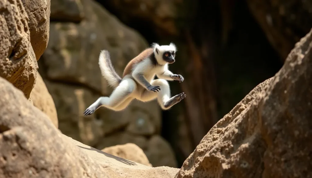 Decken's sifaka lemur leaping between limestone formations in Tsingy de Bemaraha