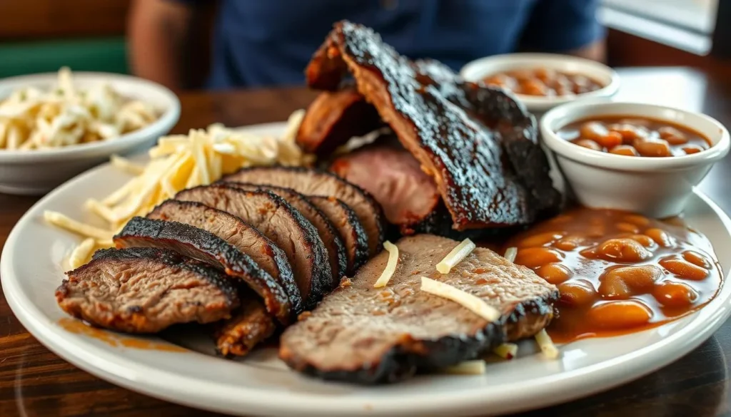 Delicious Texas BBQ plate with brisket, ribs, and sides at a local Copperas Cove restaurant