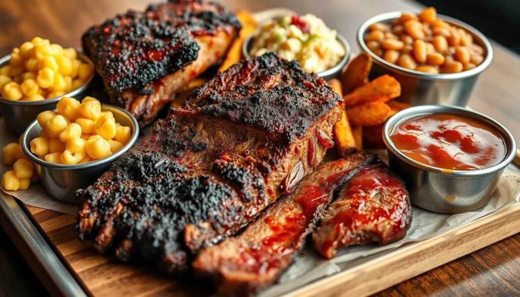 Delicious Texas BBQ platter with brisket, ribs, and sides at a local Sachse restaurant Delicious Texas BBQ platter with brisket, ribs, and sides at a local Sachse restaurant