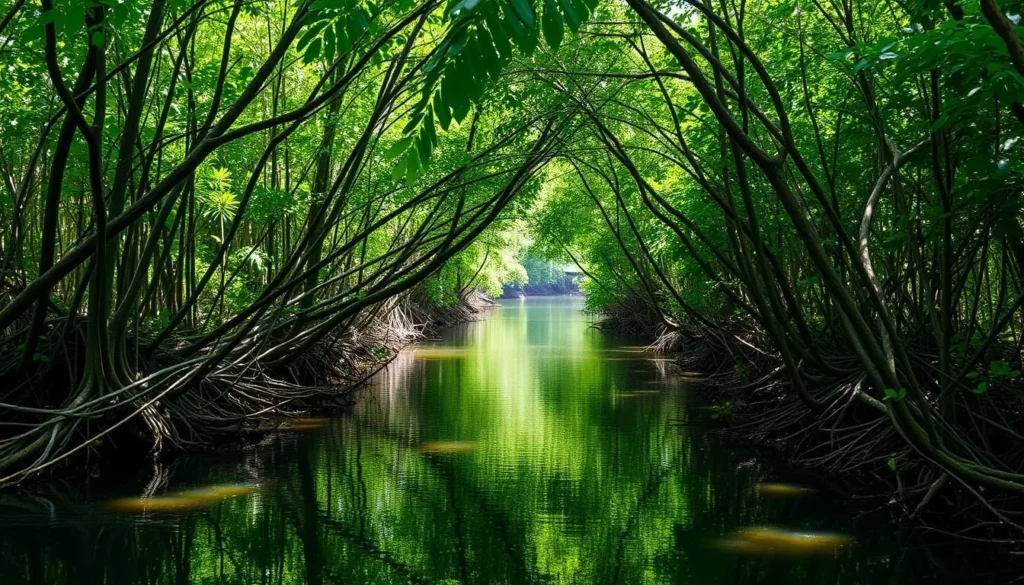Dense mangrove forest with waterways in Rio Kruta National Park showing the intricate root systems