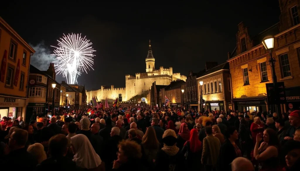Derry Halloween festival with costumed participants and fireworks over the city