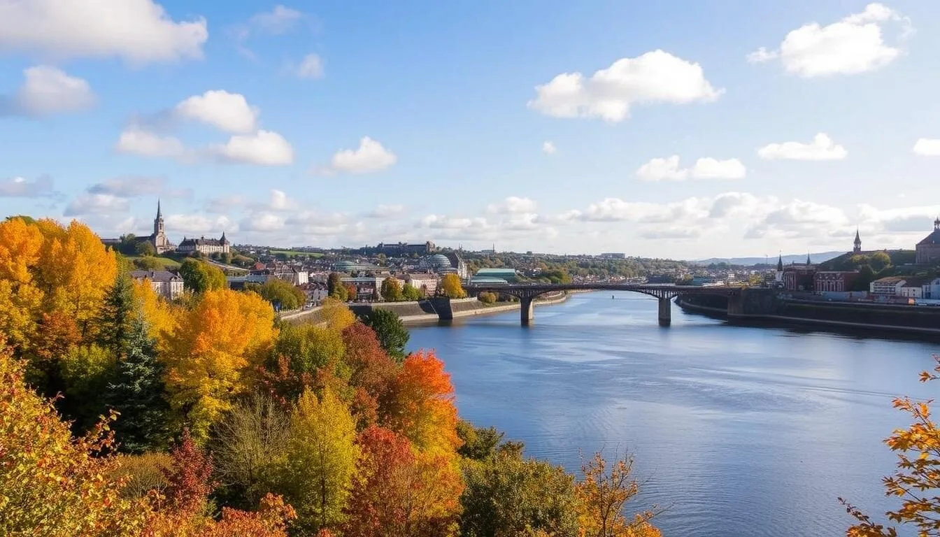 Derry city during autumn with colorful foliage along the River Foyle and the Peace Bridge