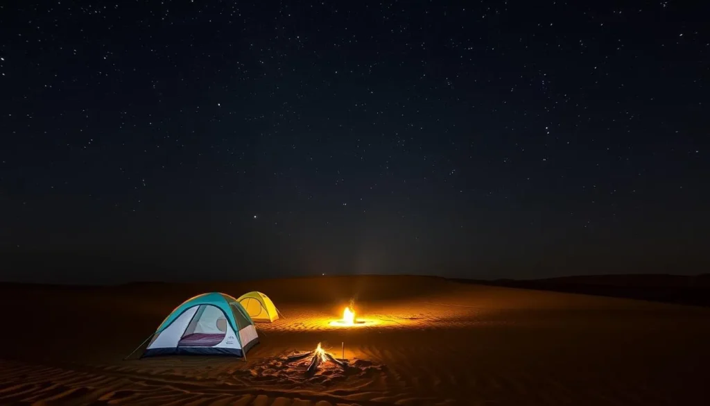 Desert camping near Madinat Ash Shamal with tents under the starry sky