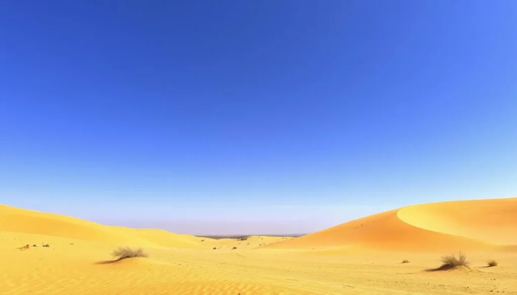 Desert landscape near Medenine, Tunisia with sand dunes and oasis