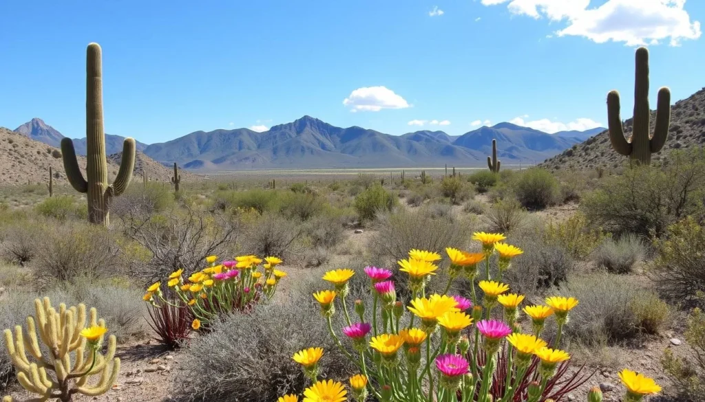 Desert landscape with blooming wildflowers at Amistad National Recreation Area, Texas