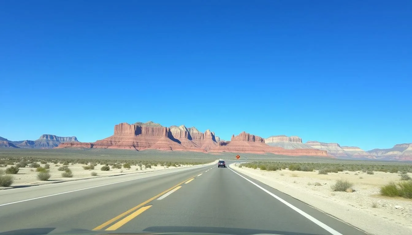Desert road leading to Red Rock Canyon State Park California with dramatic red cliffs in the background