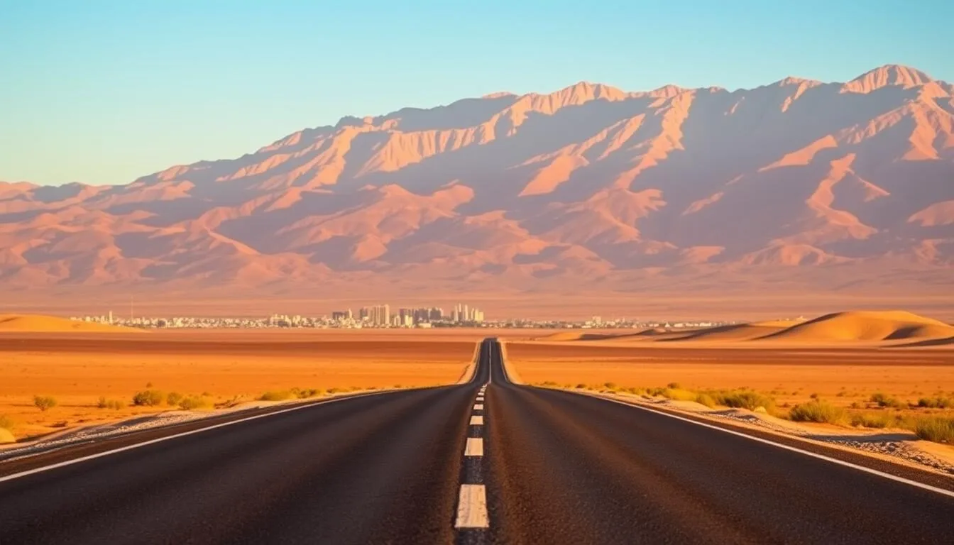 Desert road leading to Smara, Morocco with mountains in the background