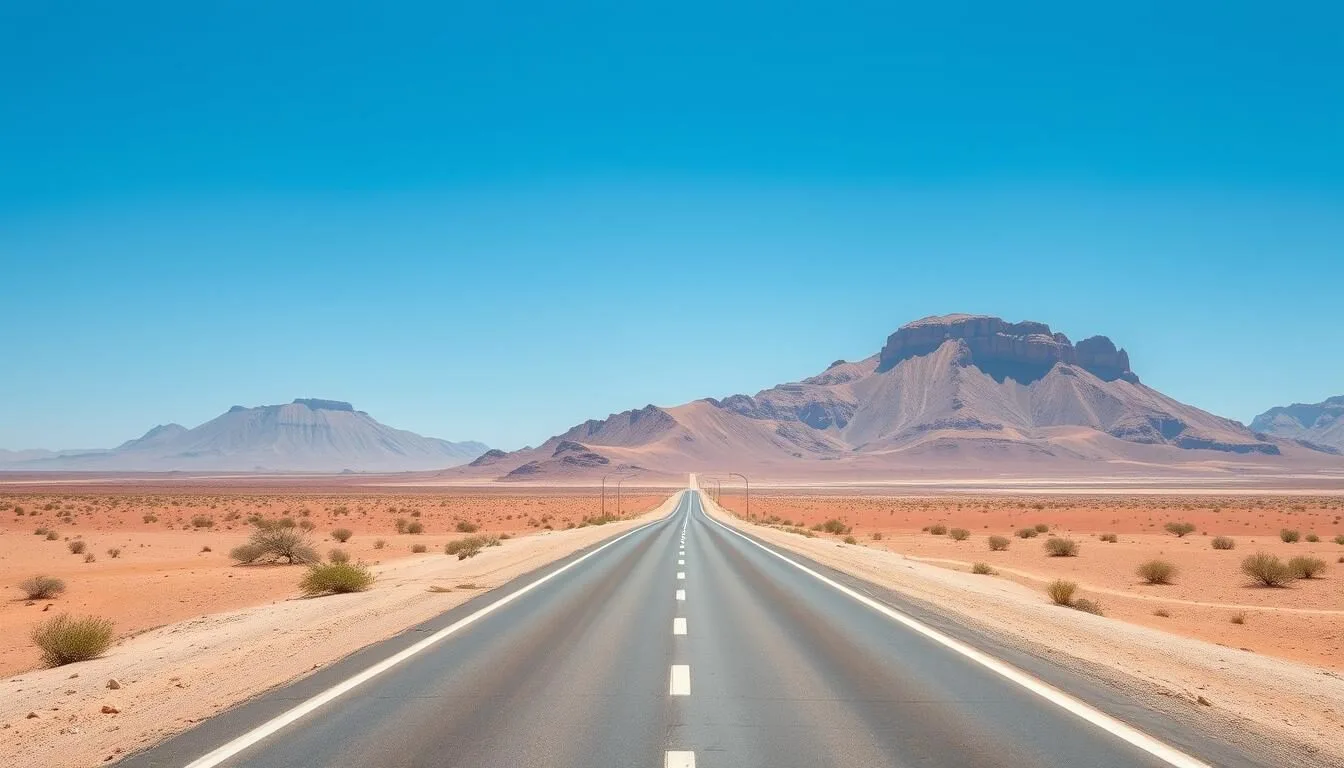 Desert road leading to Tataouine Nord, Tunisia with mountains in the background
