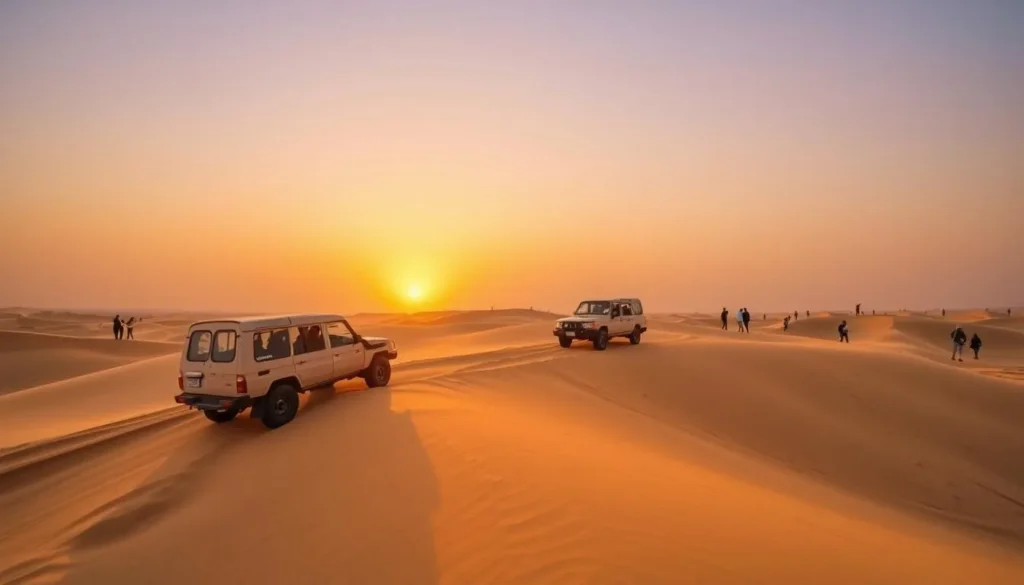 Desert safari experience near Al Wakrah with 4x4 vehicles on sand dunes at sunset