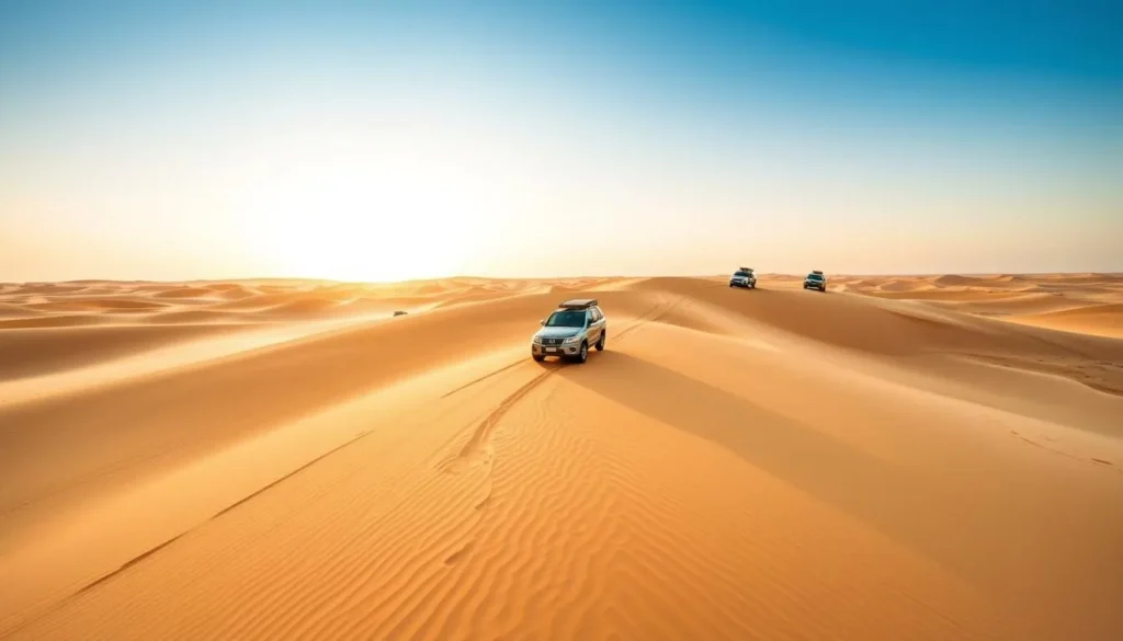 Desert safari experience near Doha with 4x4 vehicles on sand dunes