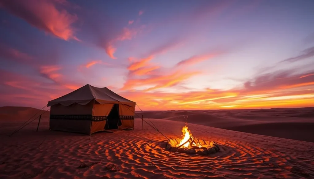 Desert sunset camping experience near Smara with traditional tents