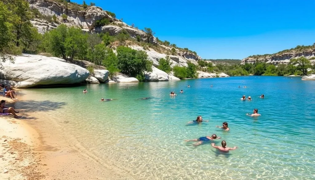 Designated swimming area at Pedernales Falls State Park with people enjoying the water Designated swimming area at Pedernales Falls State Park with people enjoying the water