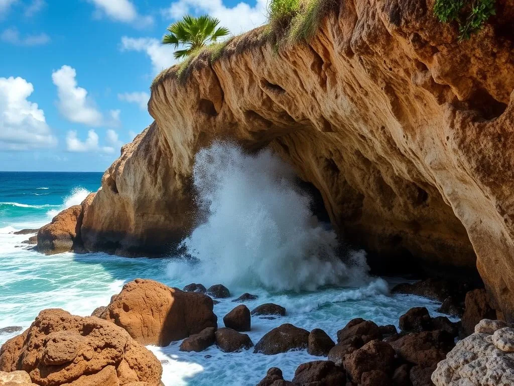 Devil's Bridge natural limestone arch with waves crashing through blowholes