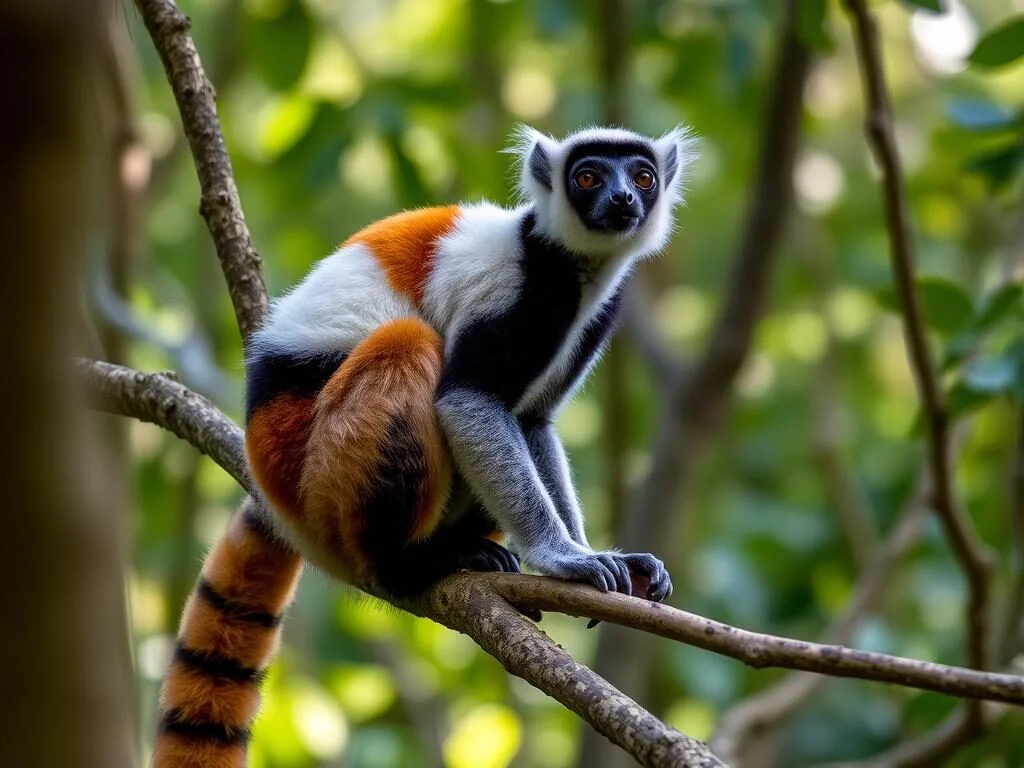 Diademed sifaka lemur with distinctive coloration in Zahamena's forest