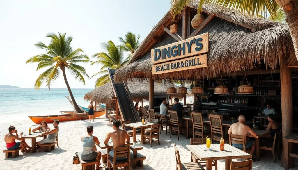 Dinghy's Beach Bar and Grill on Honeymoon Beach with diners enjoying Caribbean cuisine