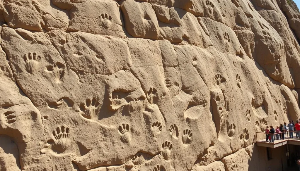 Dinosaur footprints at Parque Cretácico in Sucre with visitors looking at the fossil wall