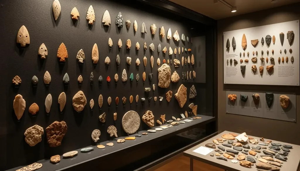 Display of colorful Alibates flint artifacts and tools at the visitor center