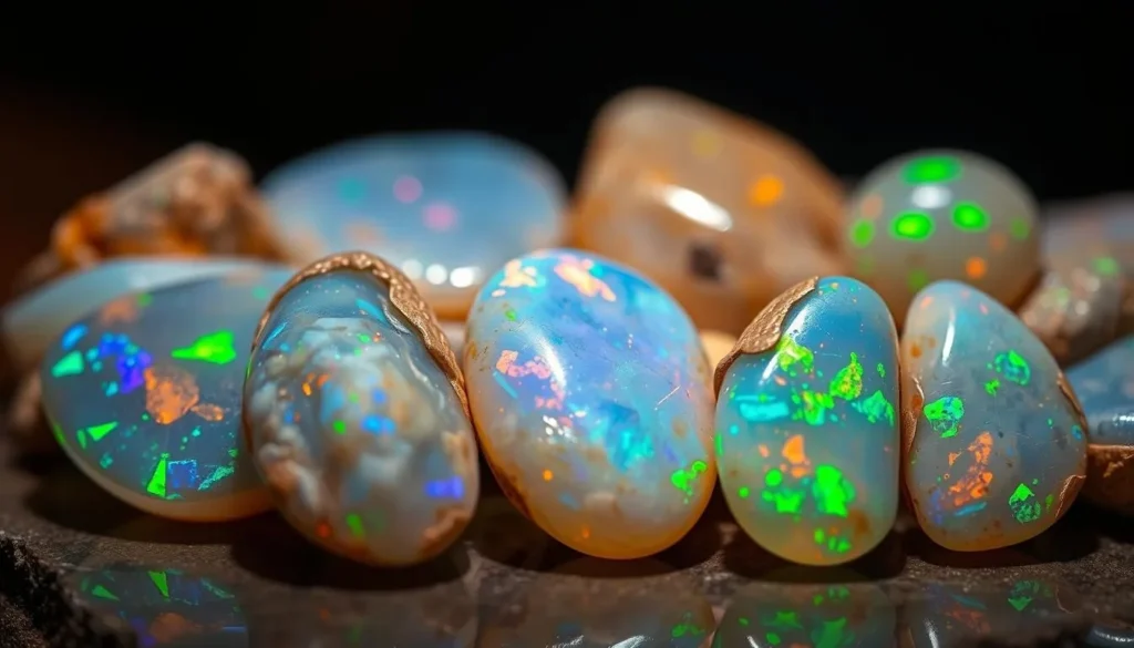 Display of colorful opals at the Umoona Opal Mine and Museum in Coober Pedy, South Australia