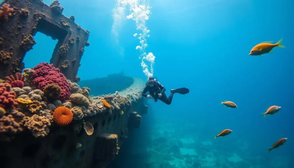 Diver exploring WWII wreck in clear waters near Honiara