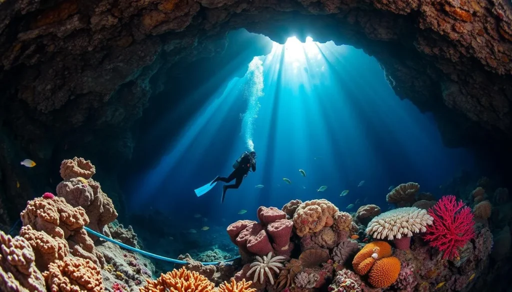 Diver exploring underwater cave formation at Cayo Levisa