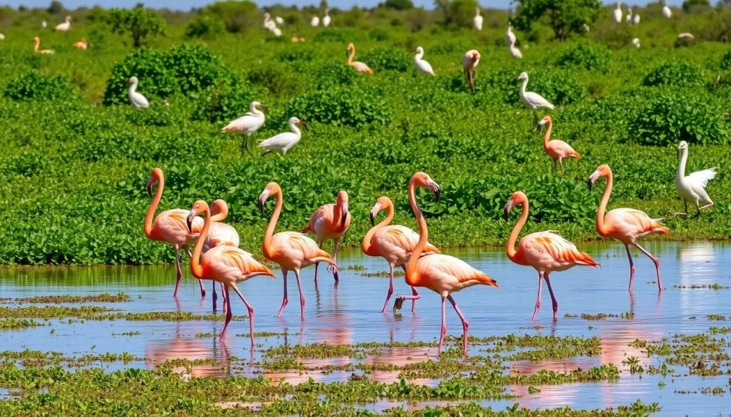 Diverse bird species including flamingos in the wetlands of Caguanes National Park
