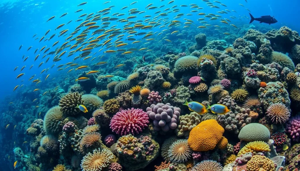 Diverse coral reef ecosystem with schools of colorful fish in Bunaken