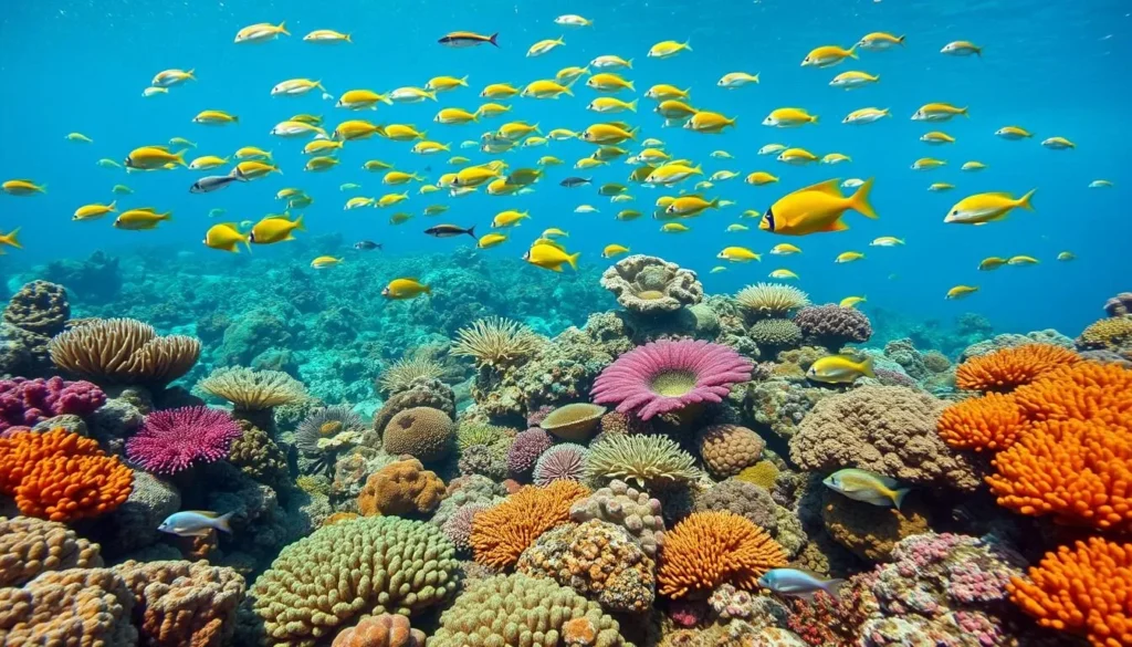 Diverse coral reef ecosystem with schools of tropical fish in Karimunjawa National Park