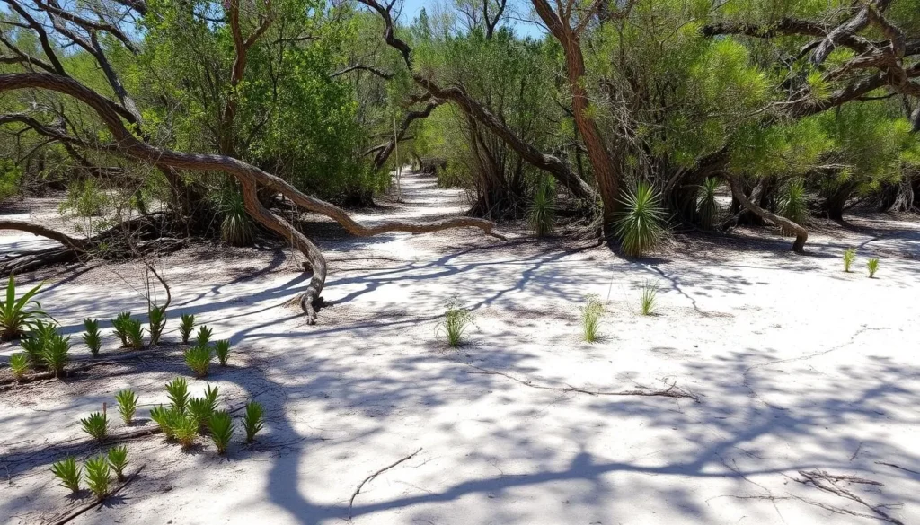 Diverse ecosystems at Camp Helen State Park showing scrub oak habitat