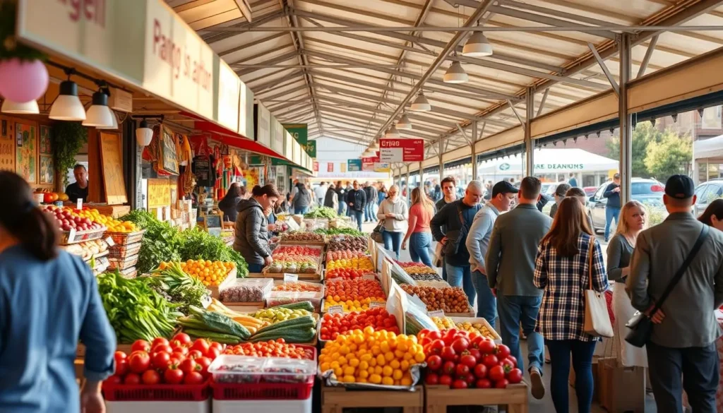 Diverse food at Brampton Farmers' Market with fresh produce and prepared meals