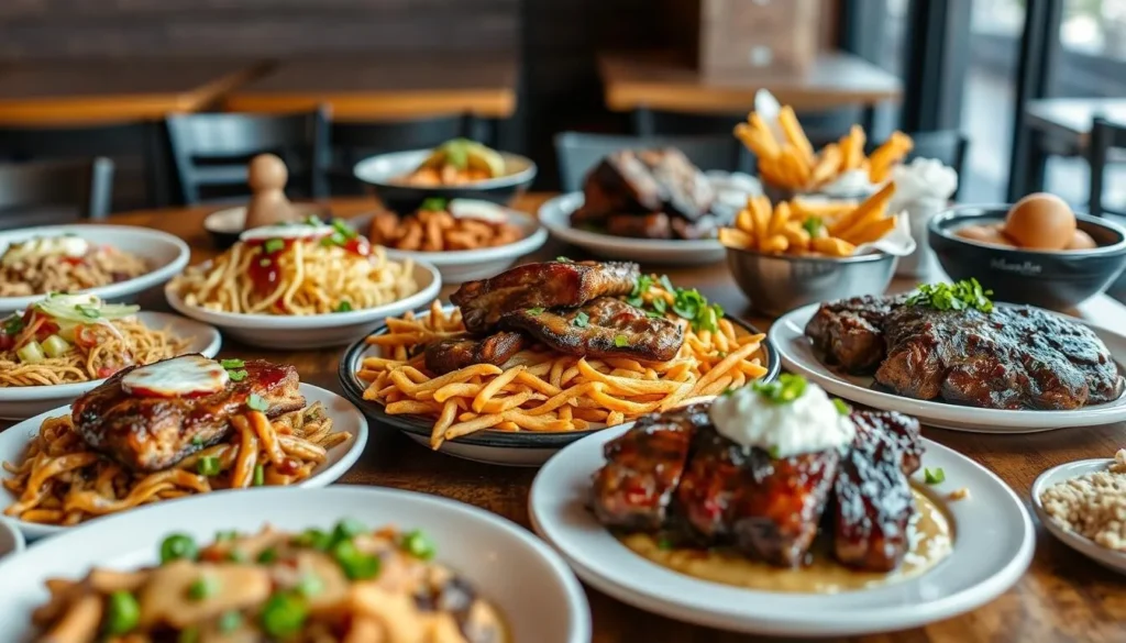 Diverse food spread at a Sugar Land restaurant featuring Tex-Mex dishes and barbecue